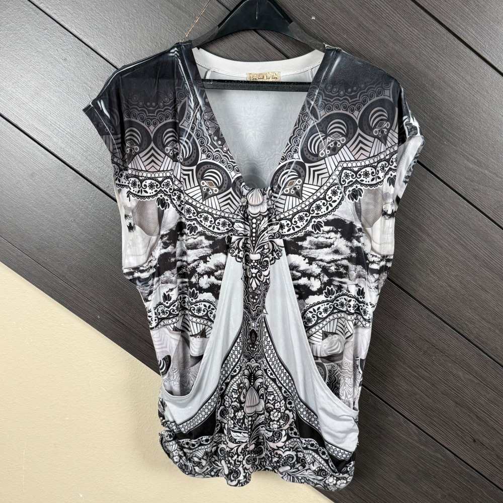 One World Women's Large Black White Boho Drape Front Stretch Tunic Top Y2K Boho